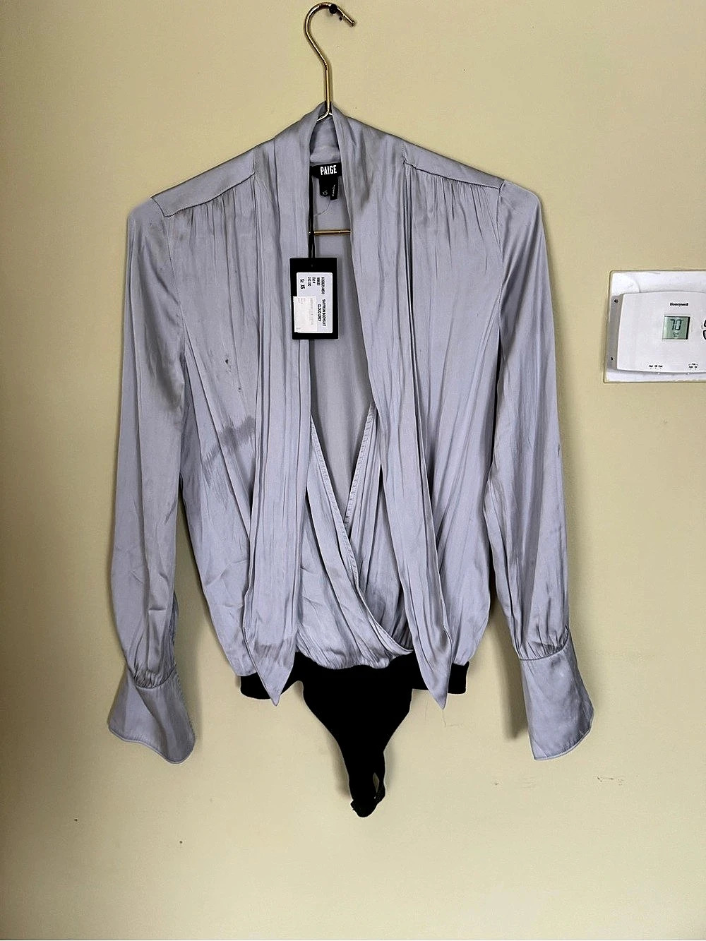 Paige Saffron Tie Neck Wrap Front Bodysuit Gray XS